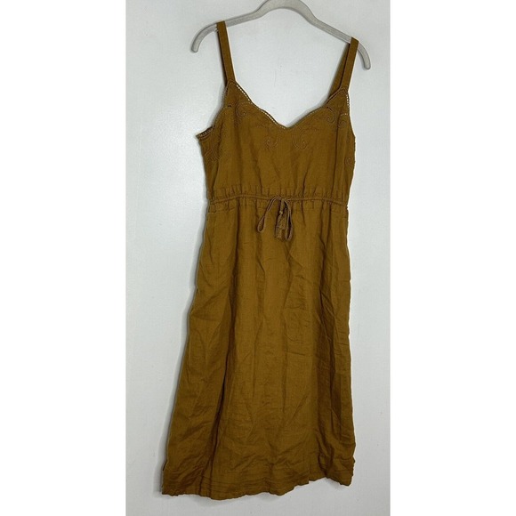 J. Crew Mustard Yellow Linen Drawstring Embroidered Midi Boho Hippie Dress Sz 6 - Picture 2 of 7